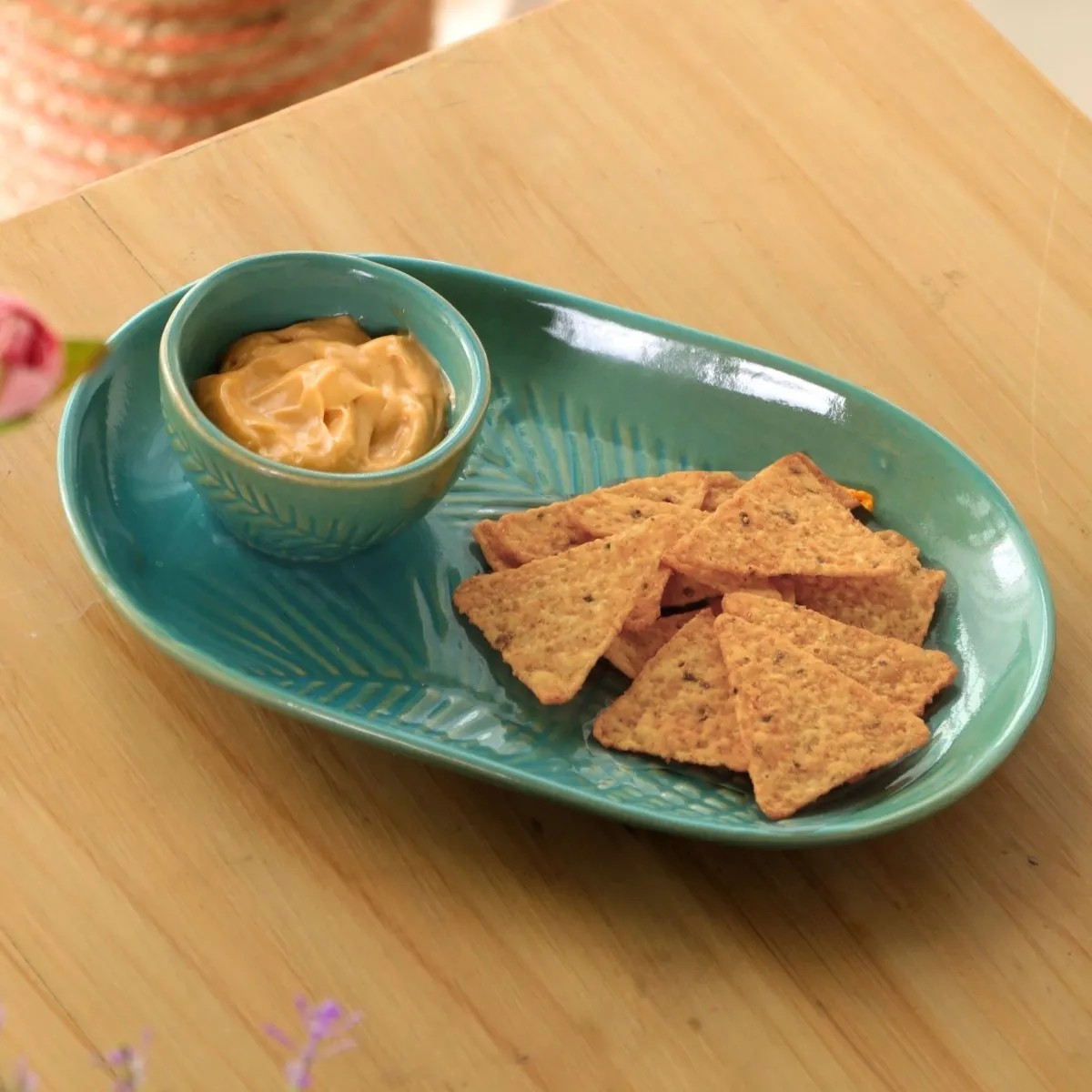 Teal Ceramic Serving Platter And Bowl Set | Set Of 2 | Palm Leaf Design | Handcrafted In India