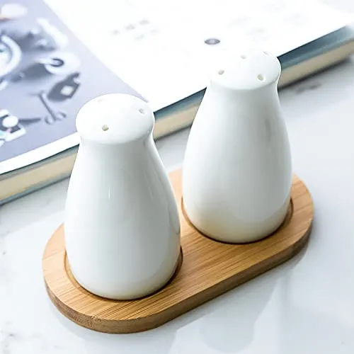 The Better Home Ceramic Salt and Pepper Shakers Set (Pack of 1) with Wooden Tray | Dining Table Decorative Items | Salt Pepper Set for Dining Table | Salt and Pepper Shaker | White