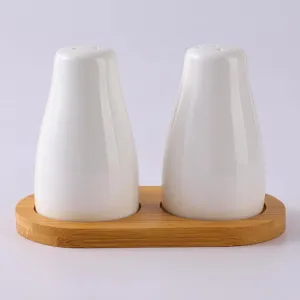 The Better Home Ceramic Salt and Pepper Shakers Set (Pack of 1) with Wooden Tray | Dining Table Decorative Items | Salt Pepper Set for Dining Table | Salt and Pepper Shaker | White