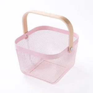 The Better Home Metal Mesh Storage Basket With Wooden Handle (9.5L Pink)| Organisers Storage Box for Clothes | Home Decor Items for Living Room | Laundry Basket for Storage, Clothes | Picnic Basket |