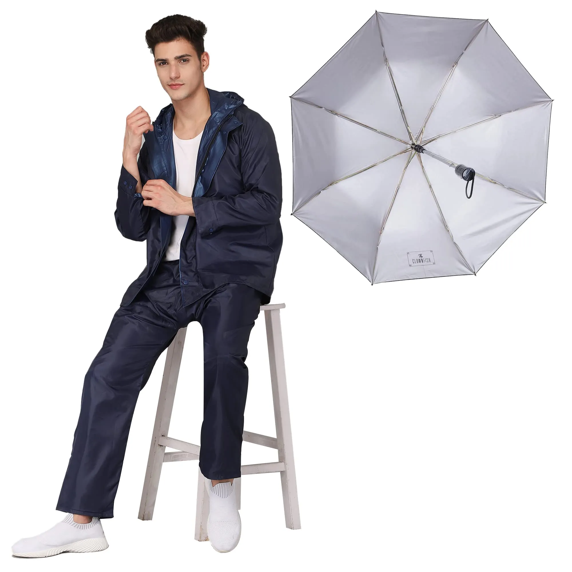 THE CLOWNFISH Combo Of Rain Coat for Men Waterproof Polyester (Blue 2XL) Umbrella 3 Fold Waterproof Pongee (Checks Design- Dark Pink)