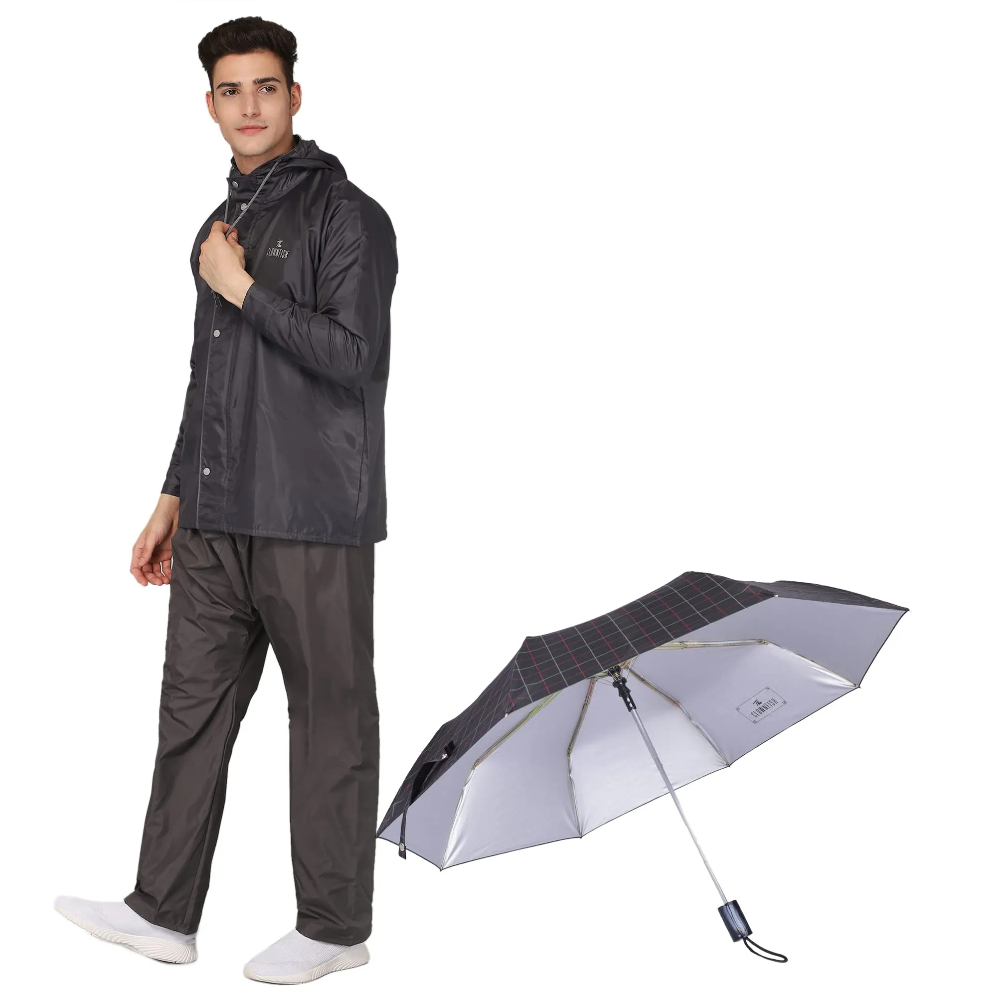 THE CLOWNFISH Combo Of Rain Coat for Men Waterproof Polyester (Grey XL) Umbrella 3 Fold Waterproof Pongee (Checks Design- Dark Pink)