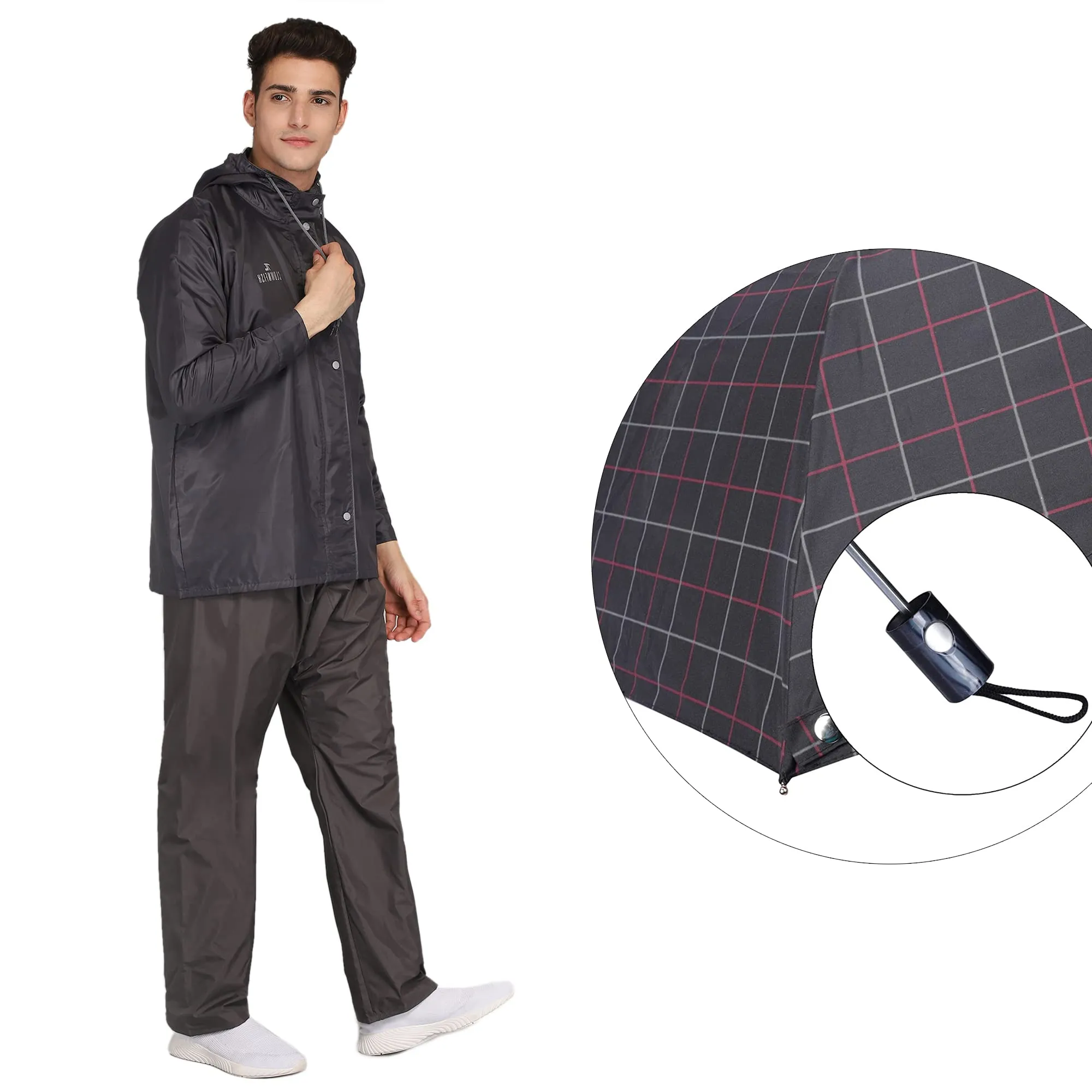 THE CLOWNFISH Combo Of Rain Coat for Men Waterproof Polyester (Grey XL) Umbrella 3 Fold Waterproof Pongee (Checks Design- Dark Pink)