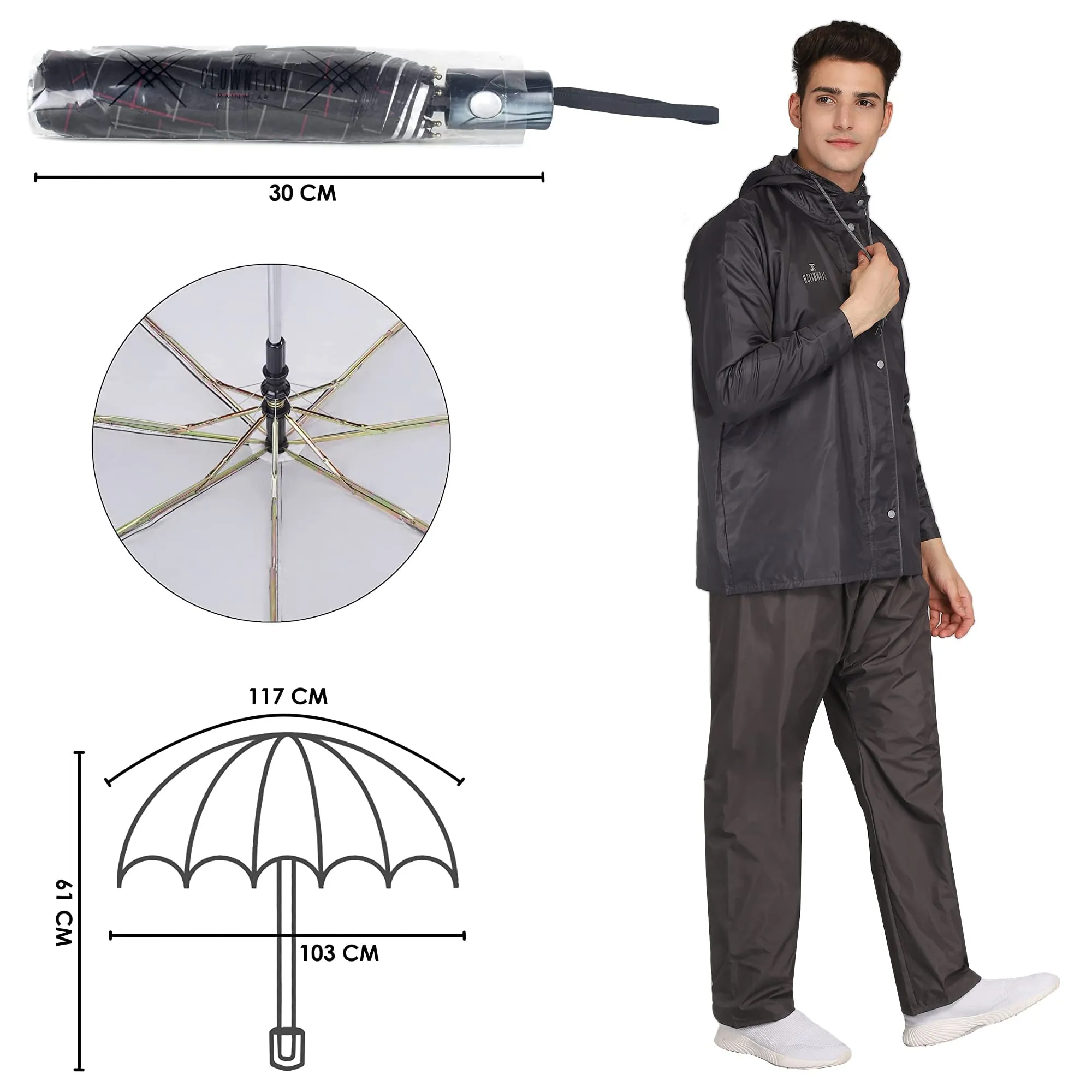 THE CLOWNFISH Combo Of Rain Coat for Men Waterproof Polyester (Grey XL) Umbrella 3 Fold Waterproof Pongee (Checks Design- Dark Pink)