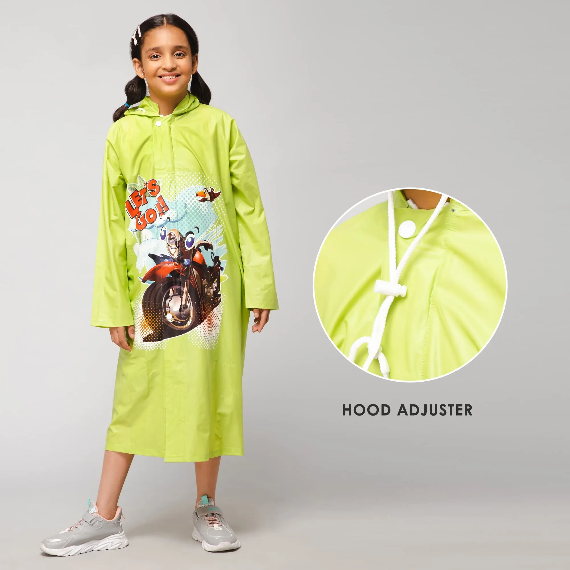 THE CLOWNFISH Toon Caper Series Kids Waterproof PVC Longcoat with Adjustable Hood & Extra Space for Backpack/Schoolbag Holding. Printed Plastic Pouch. Kid Age-6-7 years (Lime)