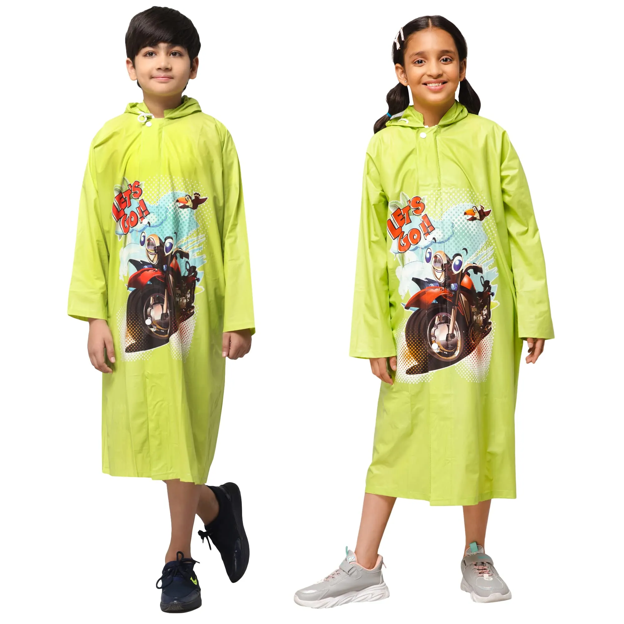 THE CLOWNFISH Toon Caper Series Kids Waterproof PVC Longcoat with Adjustable Hood & Extra Space for Backpack/Schoolbag Holding. Printed Plastic Pouch. Kid Age-6-7 years (Lime)