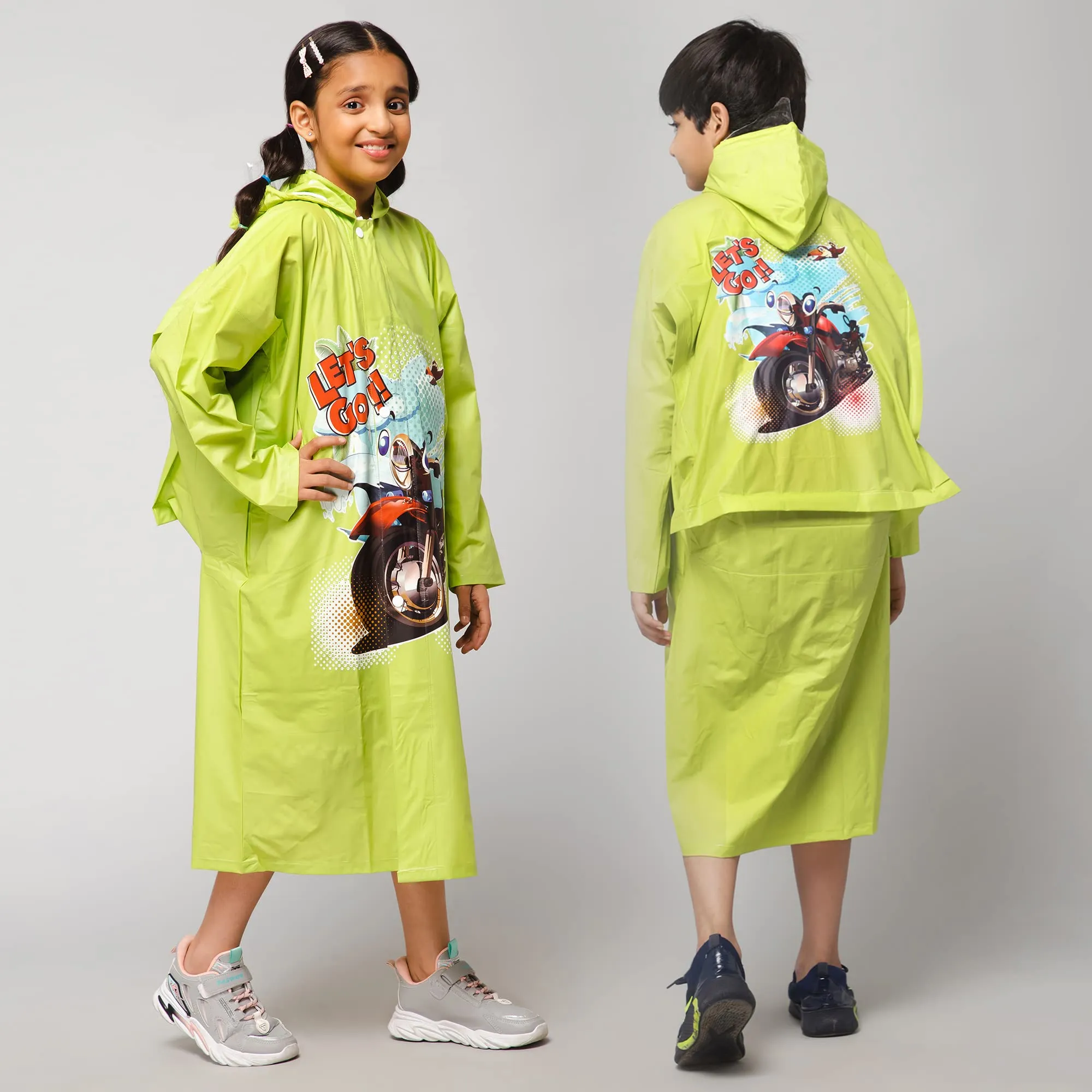 THE CLOWNFISH Toon Caper Series Kids Waterproof PVC Longcoat with Adjustable Hood & Extra Space for Backpack/Schoolbag Holding. Printed Plastic Pouch. Kid Age-6-7 years (Lime)