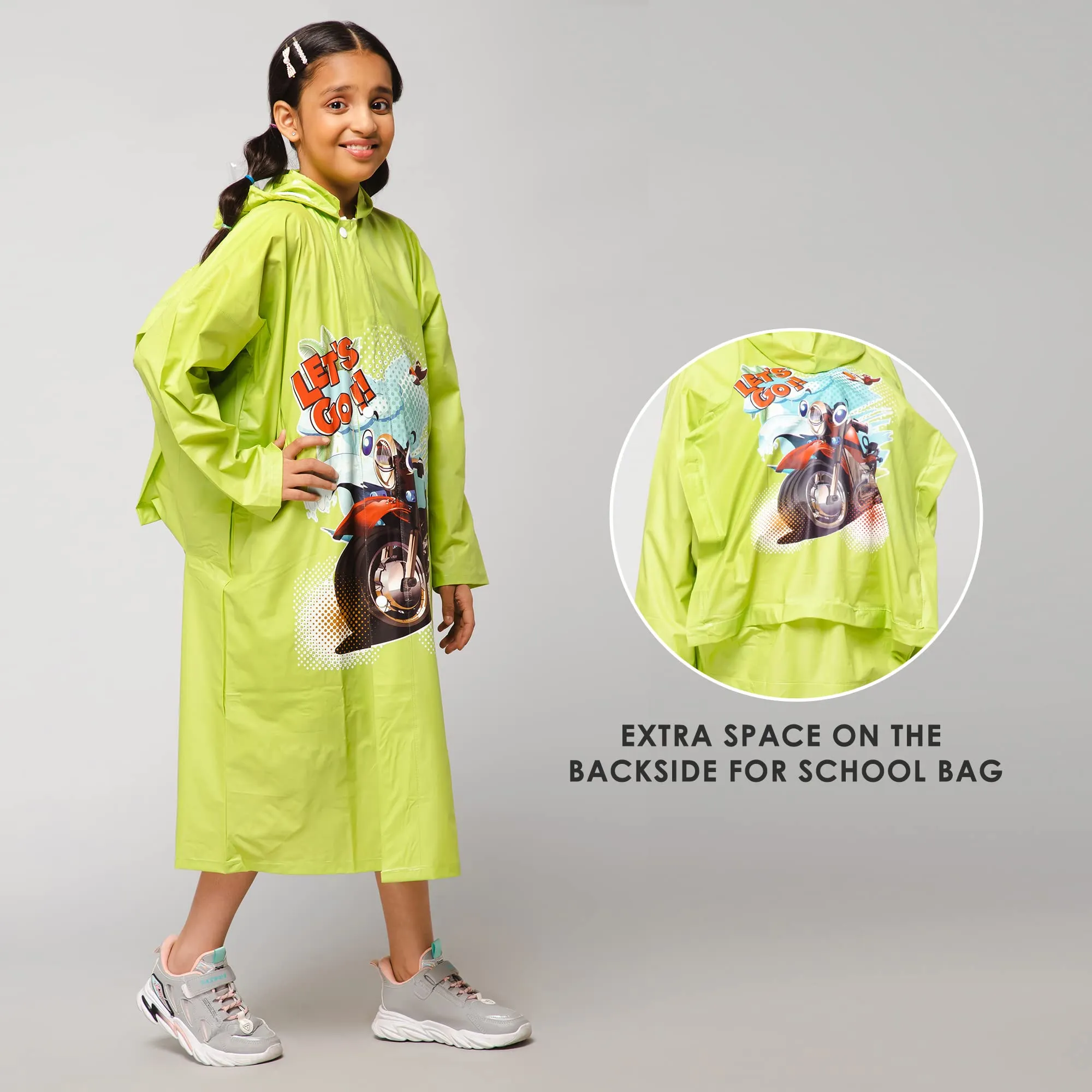 THE CLOWNFISH Toon Caper Series Kids Waterproof PVC Longcoat with Adjustable Hood & Extra Space for Backpack/Schoolbag Holding. Printed Plastic Pouch. Kid Age-6-7 years (Lime)