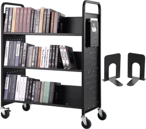 Vevor Book Cart 330 Lbs Capacity 39.4" x 20.1" x 49.2" Double-Sided W-Shaped Shelves with Lockable Wheels New