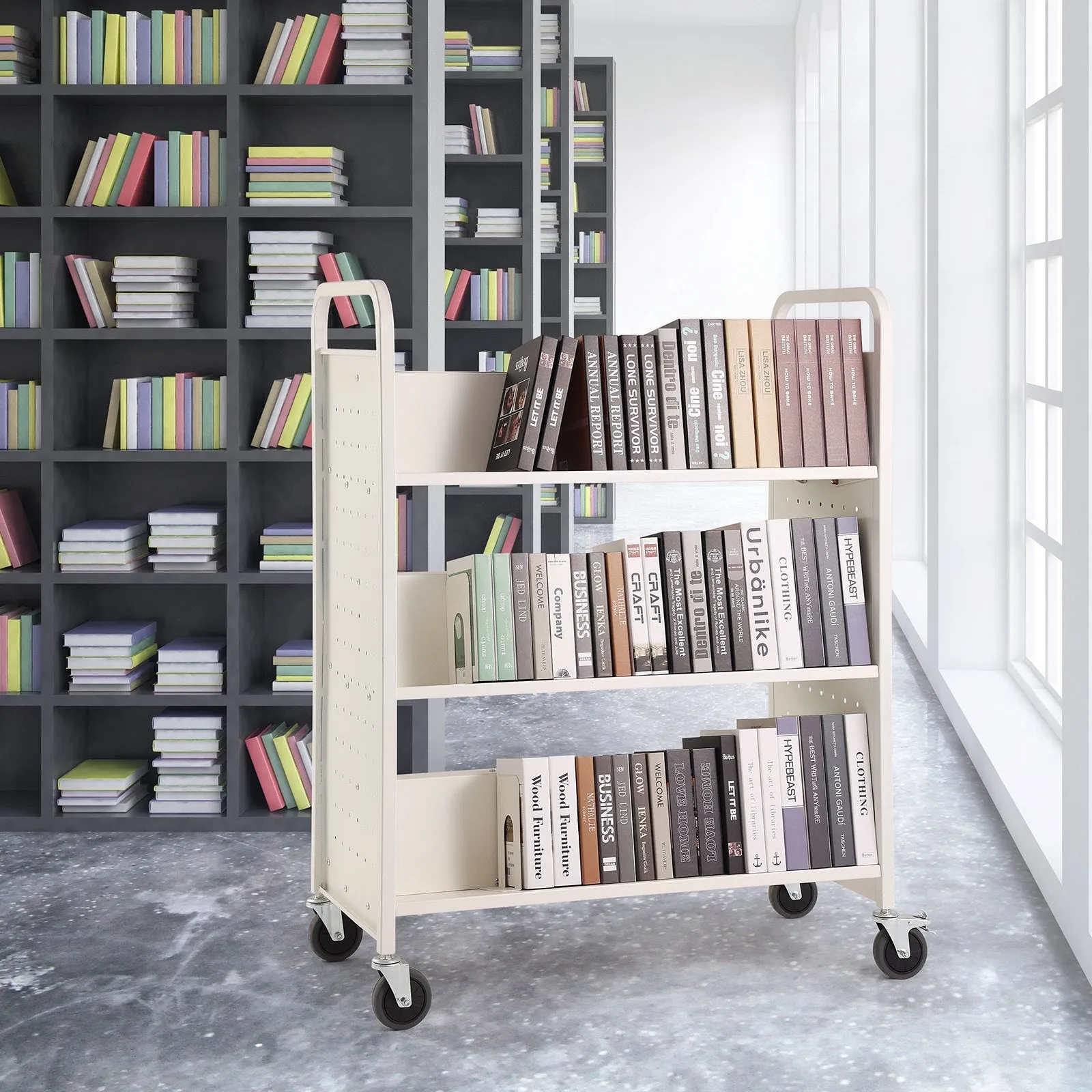 Vevor Book Cart 330 Lbs Capacity 39.4" x 20.1" x 49.2" Double-Sided W-Shaped Shelves with Lockable Wheels New