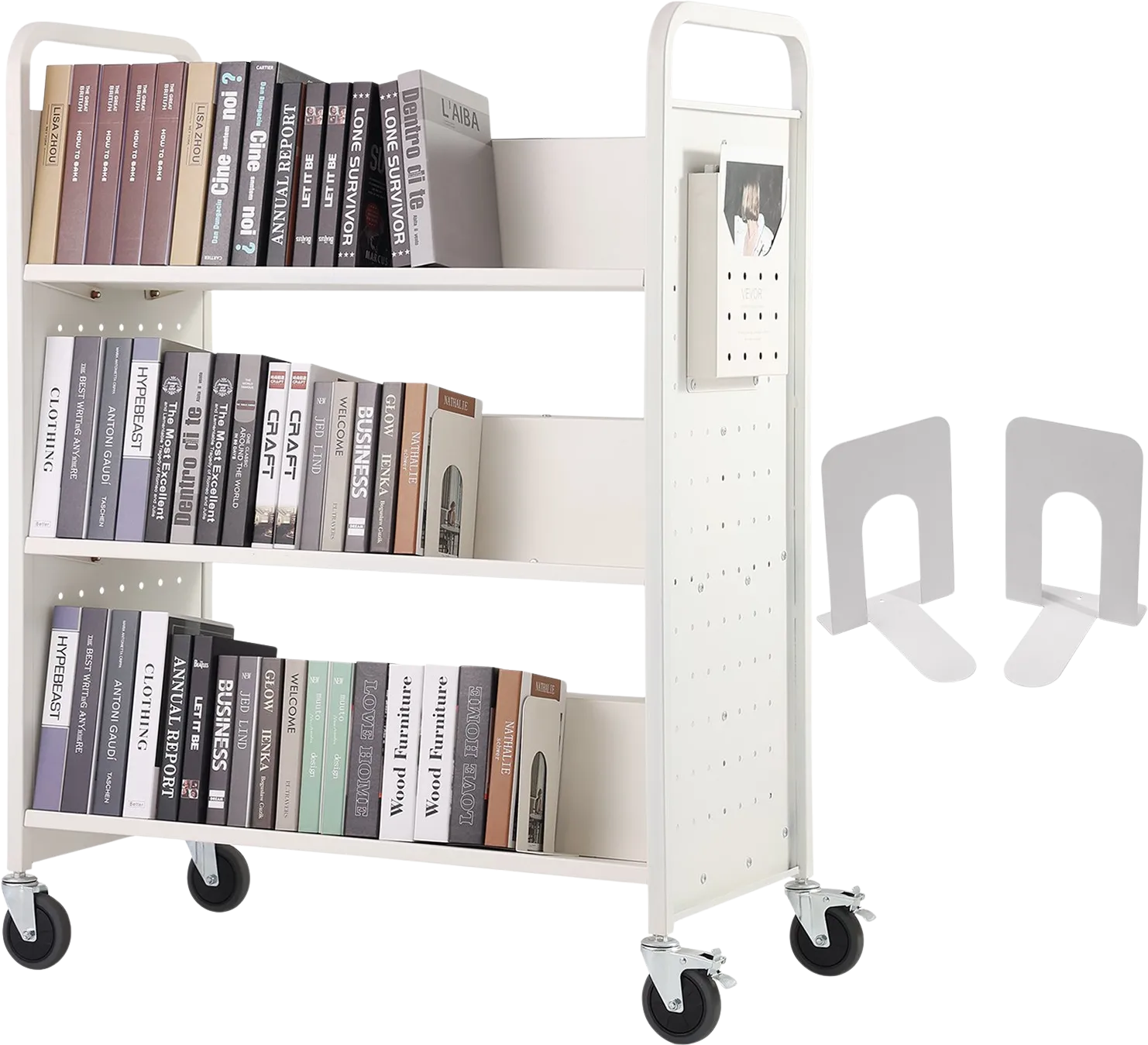 Vevor Book Cart 330 Lbs Capacity 39.4" x 20.1" x 49.2" Double-Sided W-Shaped Shelves with Lockable Wheels New