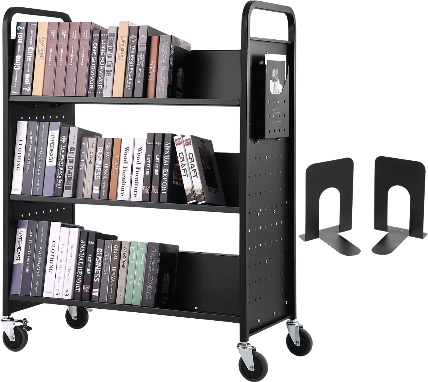 Vevor Book Cart 330 Lbs Capacity 39.4" x 20.1" x 49.2" Double-Sided W-Shaped Shelves with Lockable Wheels New