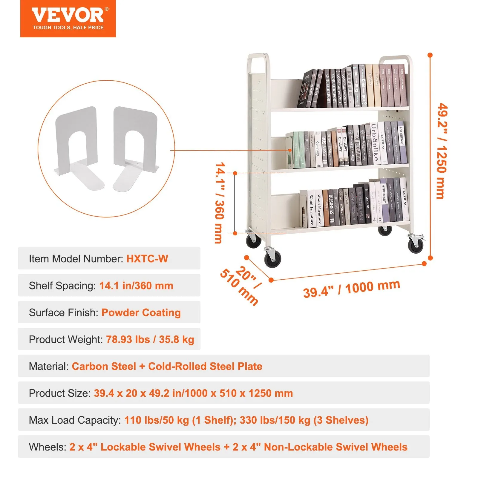 Vevor Book Cart 330 Lbs Capacity 39.4" x 20.1" x 49.2" Double-Sided W-Shaped Shelves with Lockable Wheels New