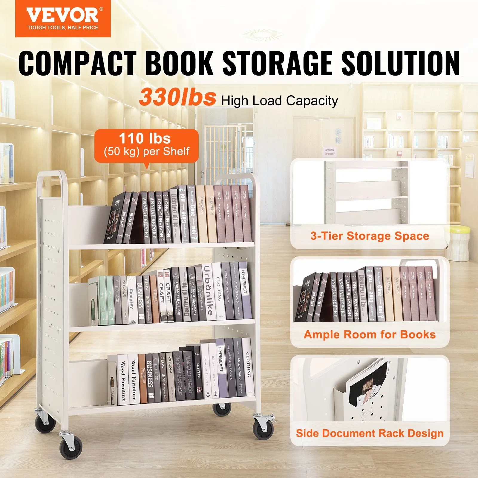 Vevor Book Cart 330 Lbs Capacity 39.4" x 20.1" x 49.2" Double-Sided W-Shaped Shelves with Lockable Wheels New