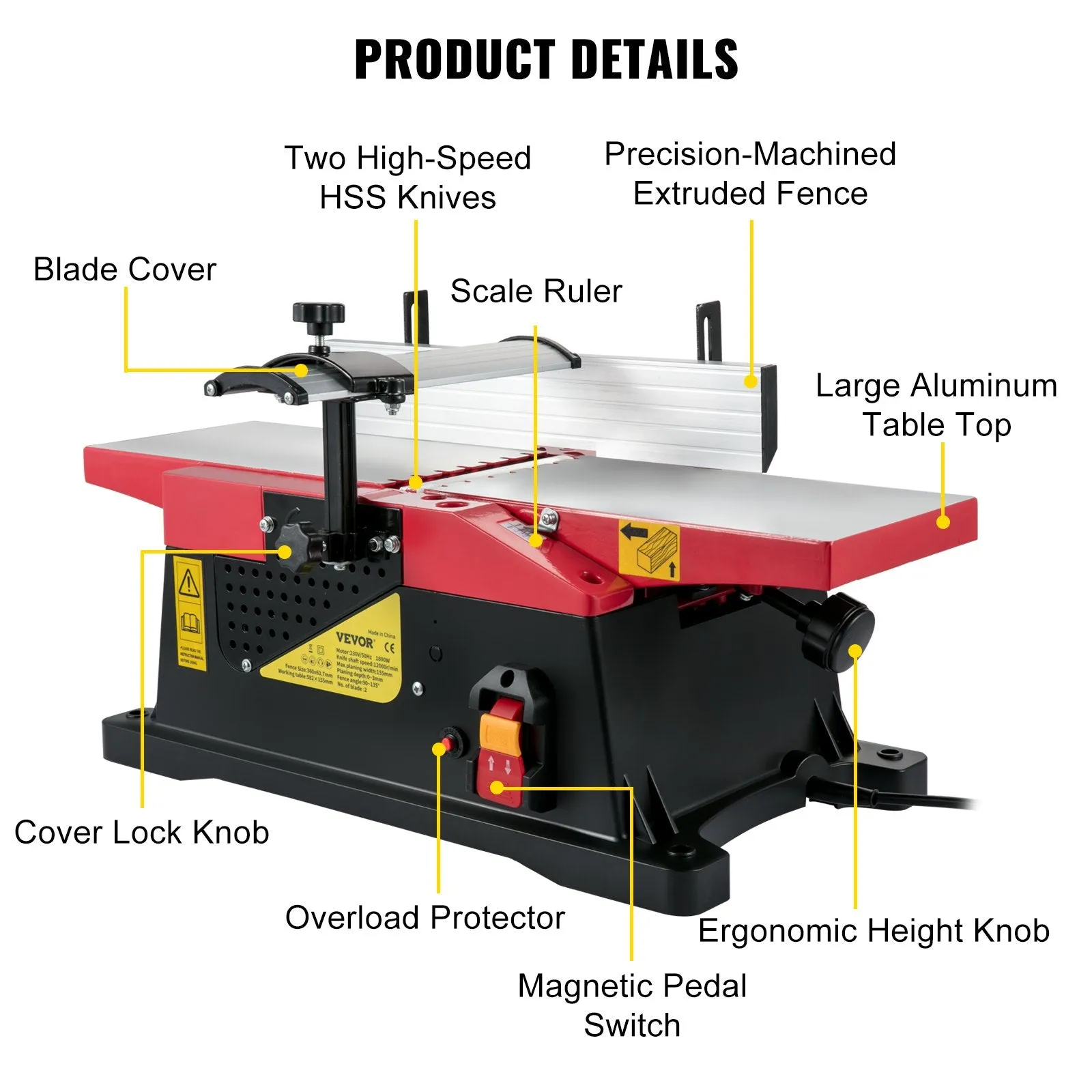 Vevor Woodworking Benchtop Jointer 6" with 1650W Motor 2000 RPM New